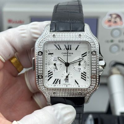 Santos De Cartier 7750 Movement White Face Diamond Bezel Black Leather Strap Watch